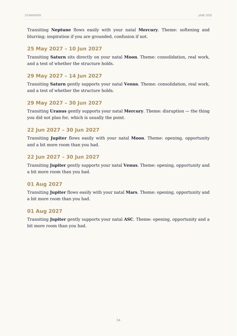 The transit calendar page